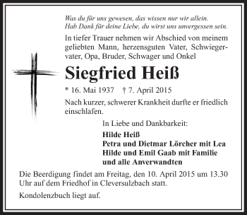 Traueranzeige von Siegfried Heiß 