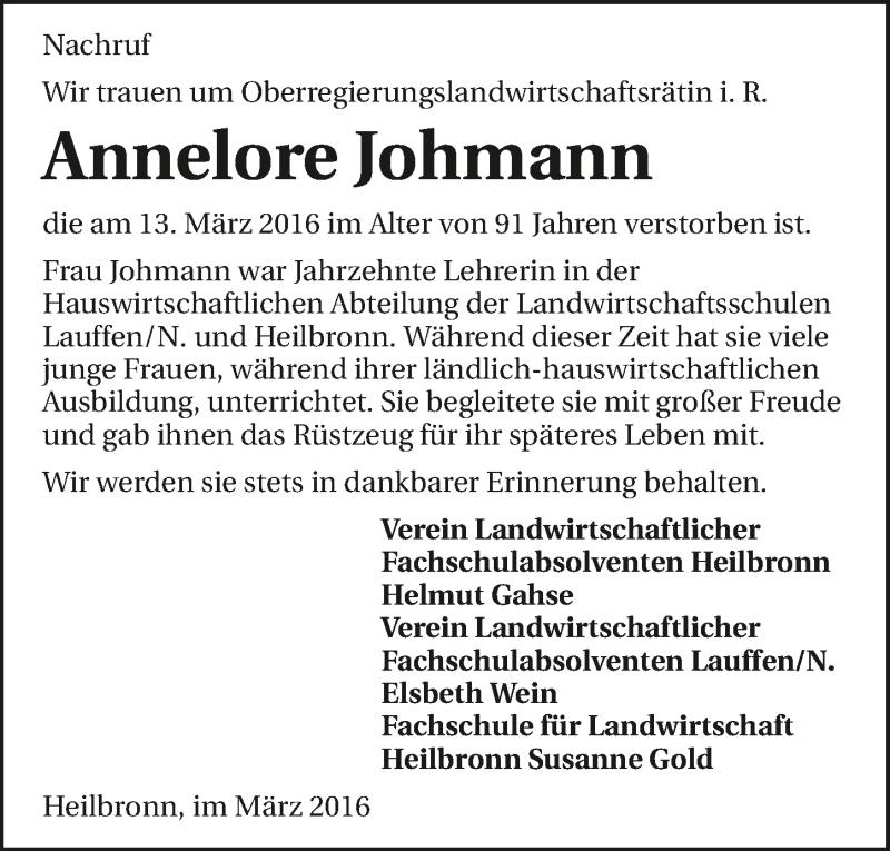  Traueranzeige für Annelore Johmann vom 22.03.2016 aus 