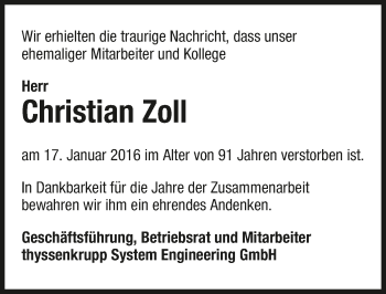 Traueranzeige von Christian Zoll 