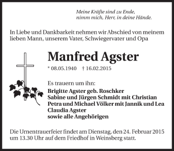 Traueranzeige von Manfred Agster 