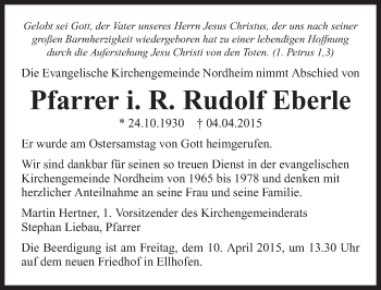 Traueranzeige von Rudolf Eberle 