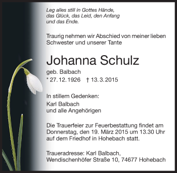 Traueranzeige von Johanna Schulz 