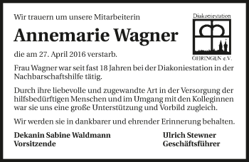 Traueranzeige von Annemarie Wagner 