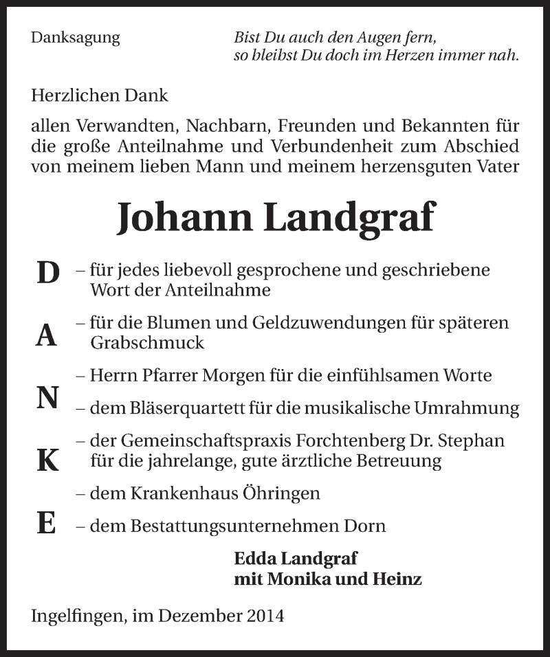  Traueranzeige für Johann Landgraf vom 20.12.2014 aus 