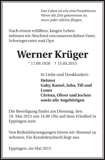 Traueranzeige von Werner Krüger 