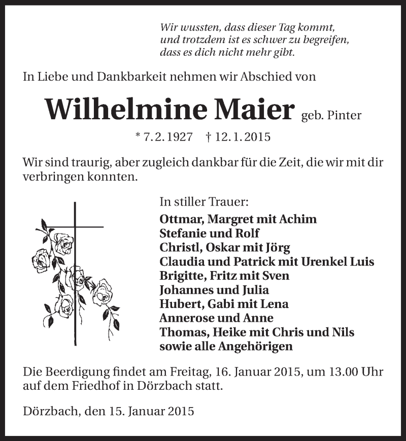  Traueranzeige für Wilhelmine Maier vom 15.01.2015 aus 