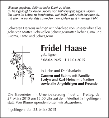 Traueranzeige von Fridel Haase 