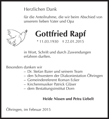 Traueranzeige von Gottfried Rapf 