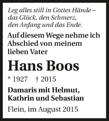Traueranzeige von Hans Boos 