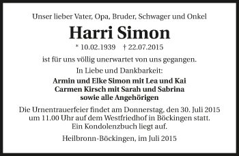 Traueranzeige von Harri Simon 