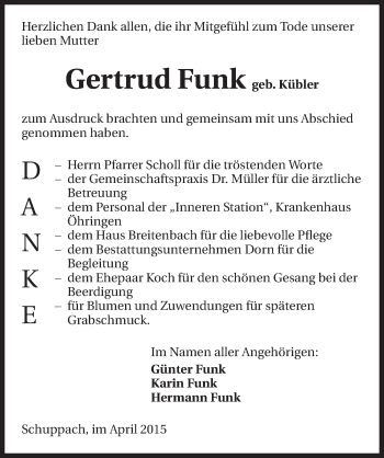 Traueranzeige von Gertrud Funk 