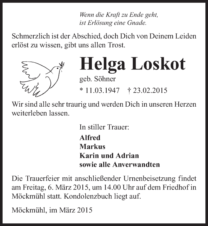  Traueranzeige für Helga Loskot vom 03.03.2015 aus 