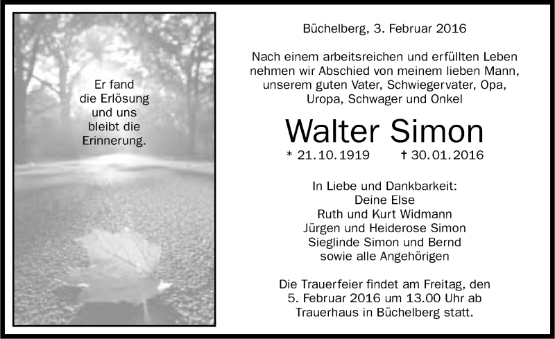  Traueranzeige für Walter Simon vom 03.02.2016 aus 