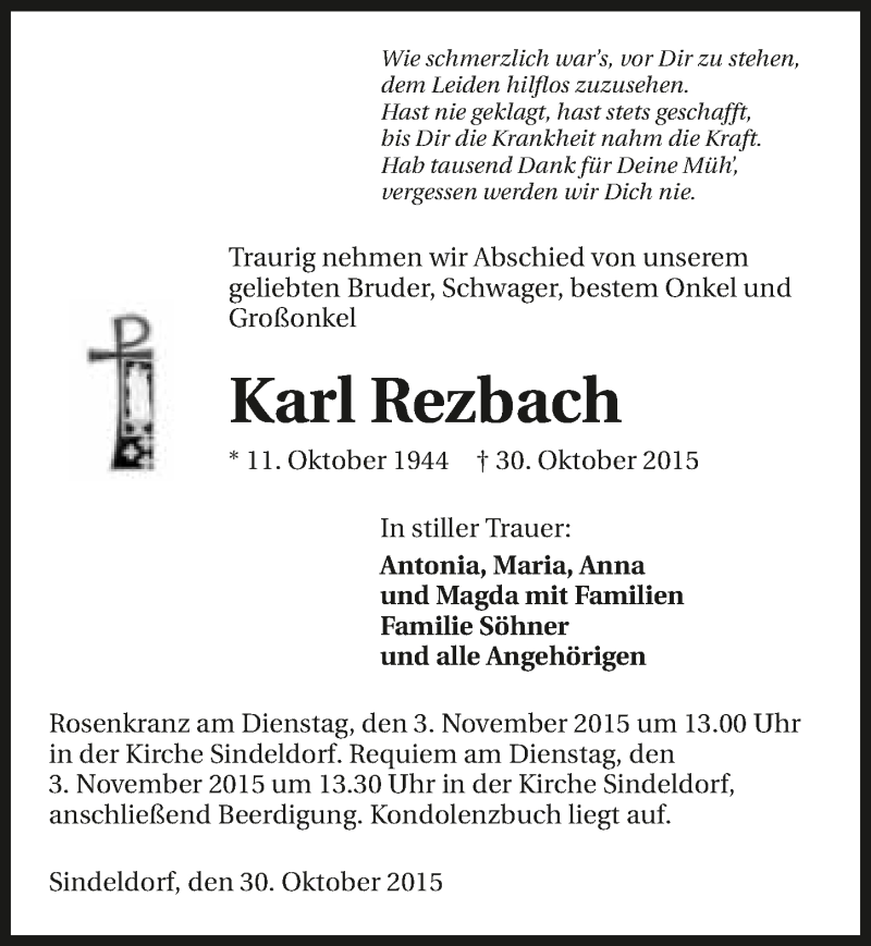  Traueranzeige für Karl Rezbach vom 02.11.2015 aus 