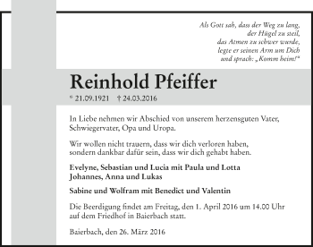 Traueranzeige von Reinhold Pfeiffer 
