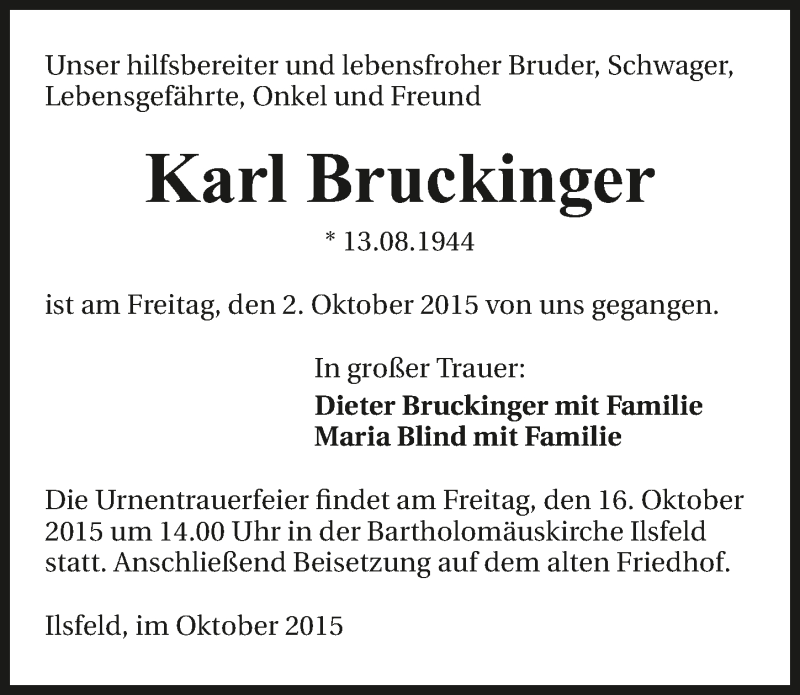  Traueranzeige für Karl Bruckinger vom 13.10.2015 aus 