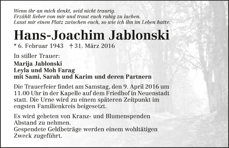 Traueranzeige für Hans-Joachim Jablonski vom 07.04.2016 aus 