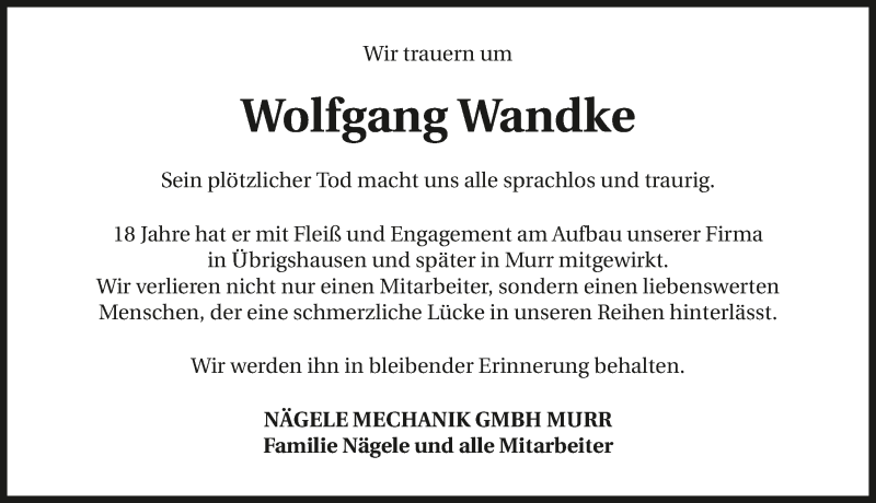  Traueranzeige für Wolfgang Wandke vom 12.03.2016 aus 