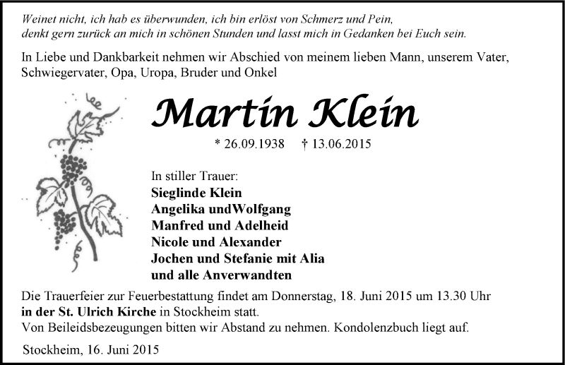  Traueranzeige für Martin Klein vom 16.06.2015 aus 
