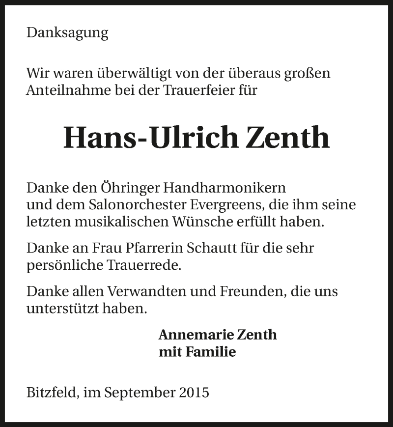  Traueranzeige für Hans-Ulrich Zenth vom 02.09.2015 aus 