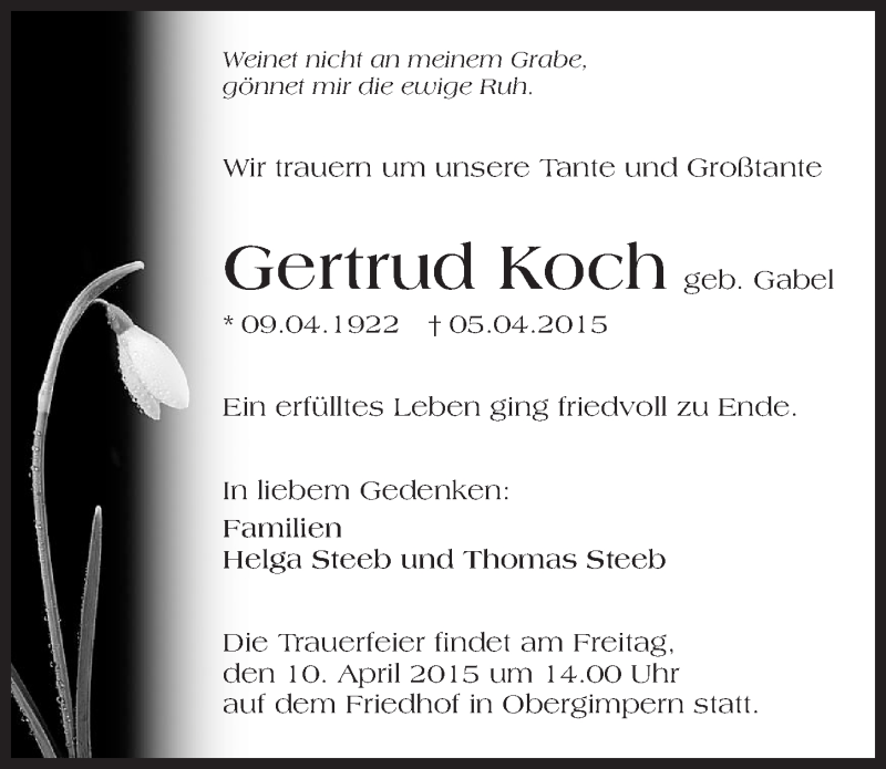  Traueranzeige für Gertrud Koch vom 09.04.2015 aus 