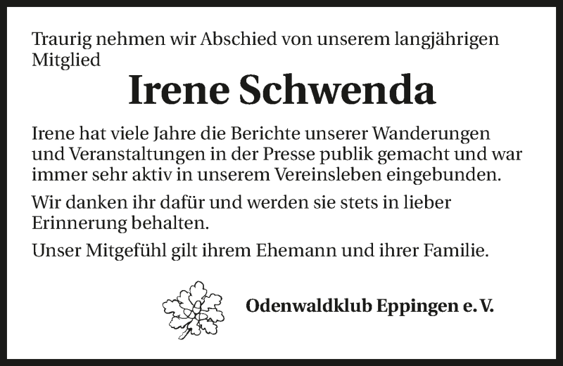  Traueranzeige für Irene Schwenda vom 28.07.2015 aus 