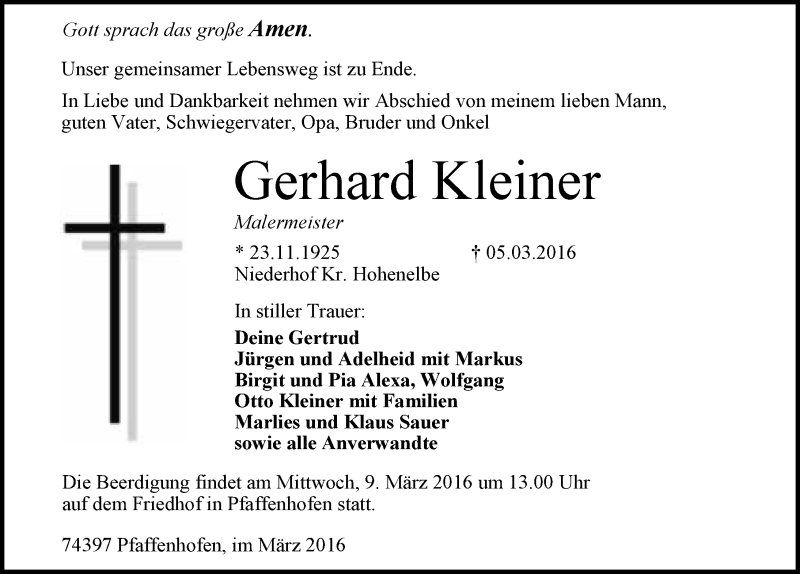  Traueranzeige für Gerhard Kleiner vom 07.03.2016 aus 