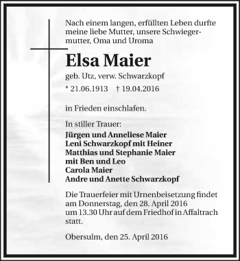 Traueranzeige von Elsa Maier 