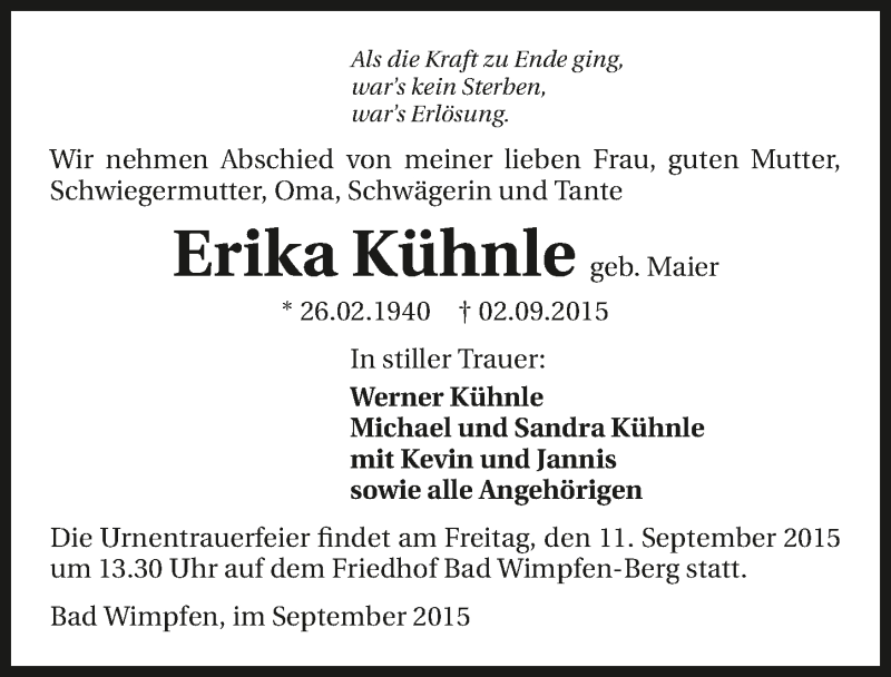  Traueranzeige für Erika Kühnle vom 08.09.2015 aus 