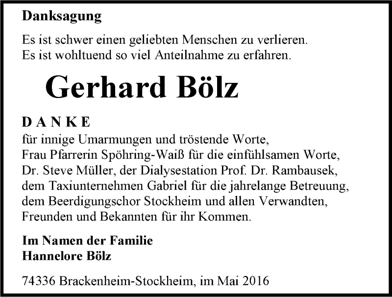  Traueranzeige für Gerhard Bölz vom 07.05.2016 aus 