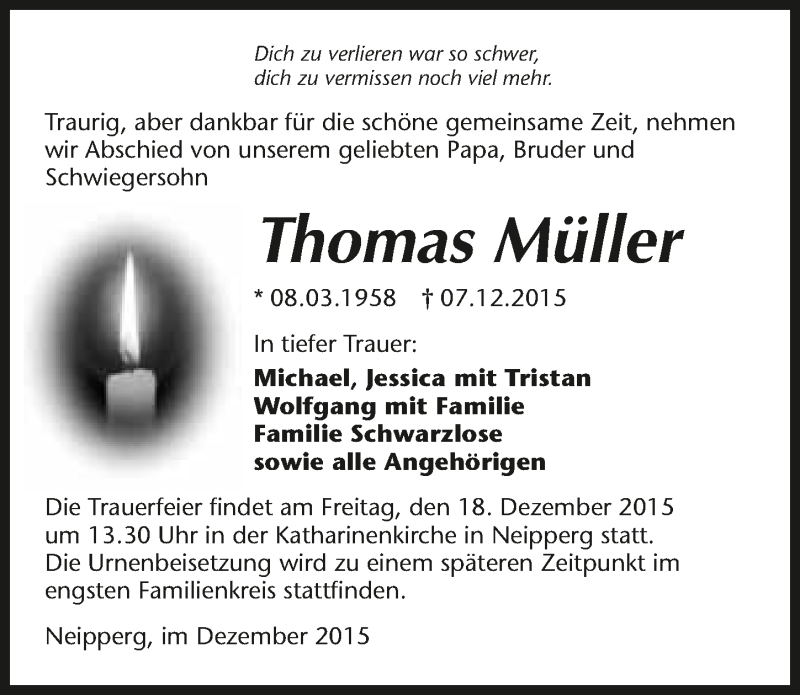  Traueranzeige für Thomas Müller vom 15.12.2015 aus 