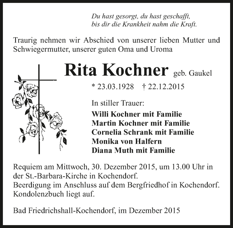  Traueranzeige für Rita Kochner vom 28.12.2015 aus 