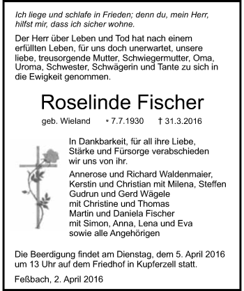 Traueranzeige von Roselinde Fischer 
