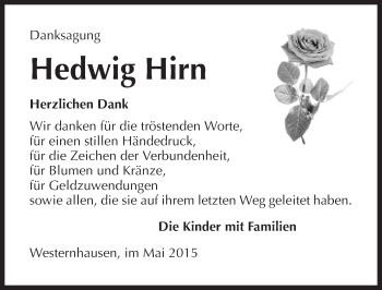 Traueranzeige von Hedwig Hirn 