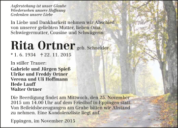 Traueranzeige von Rita Ortner 
