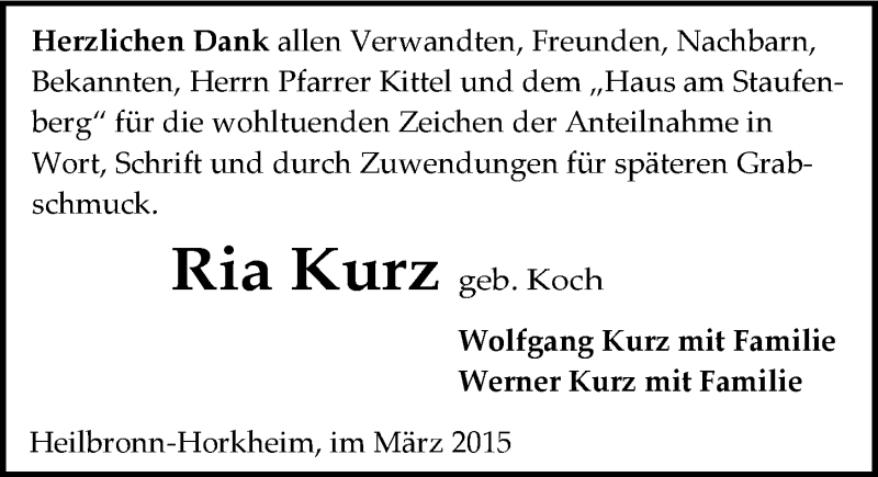 Traueranzeige für Ria Kurz vom 11.03.2015 aus 