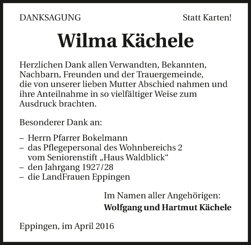  Traueranzeige für Wilma Kächele vom 12.04.2016 aus 