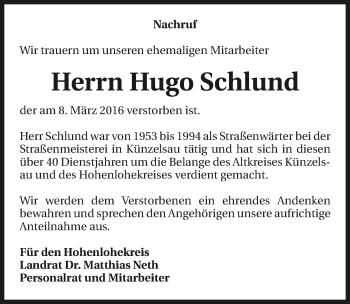 Traueranzeige von Hugo Schlund 