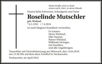 Traueranzeige von Roselinde Mutschler 