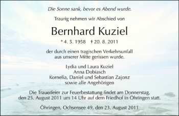 Traueranzeige von Bernhard Kuziel 
