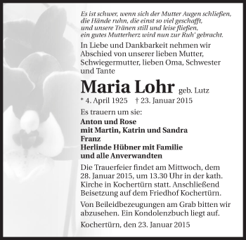 Traueranzeige von Maria Lohr 