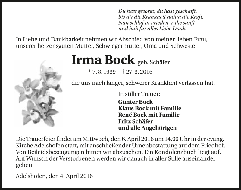  Traueranzeige für Irma Bock vom 04.04.2016 aus 