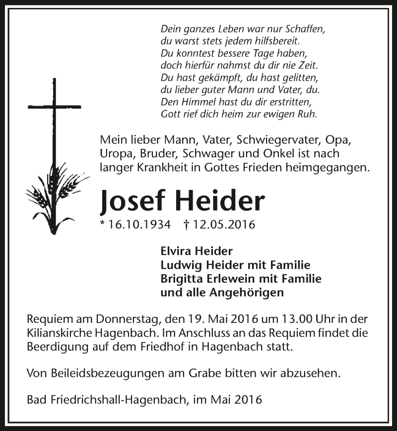  Traueranzeige für Josef Heider vom 17.05.2016 aus 