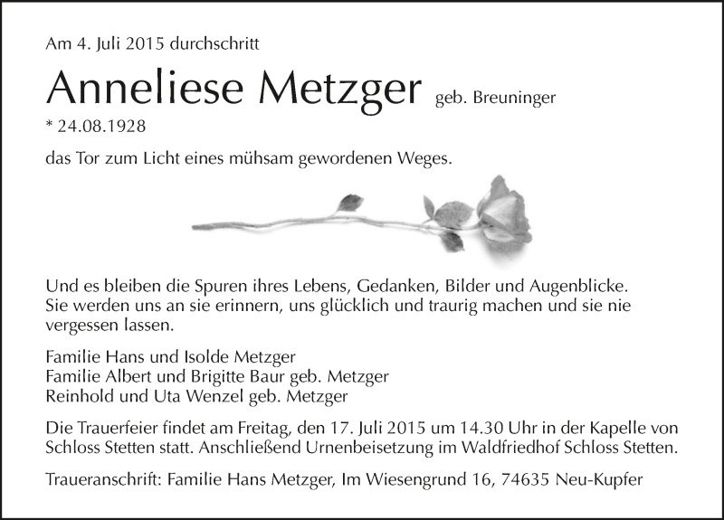  Traueranzeige für Anneliese Metzger vom 13.07.2015 aus 