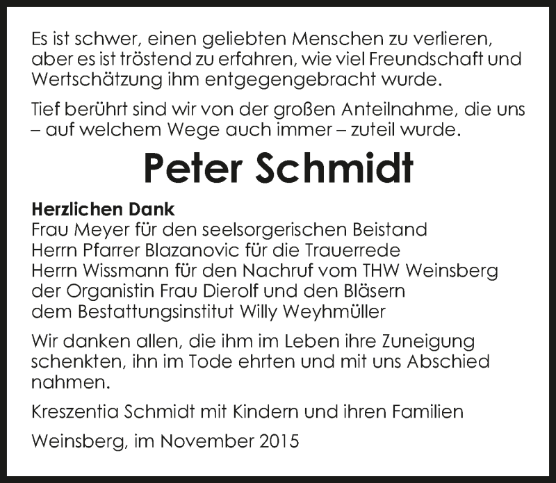  Traueranzeige für Peter Schmidt vom 14.11.2015 aus 