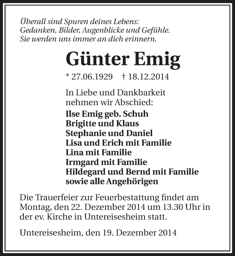  Traueranzeige für Günter Emig vom 19.12.2014 aus 