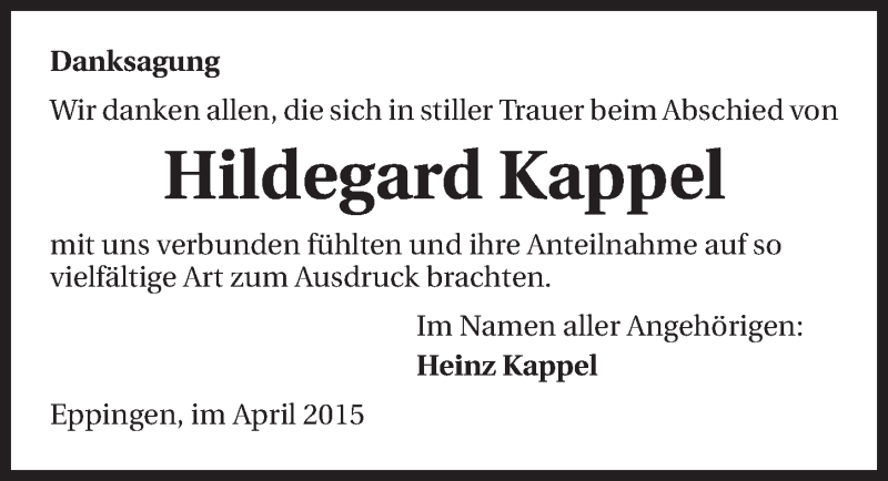  Traueranzeige für Hildegard Kappel vom 02.05.2015 aus 
