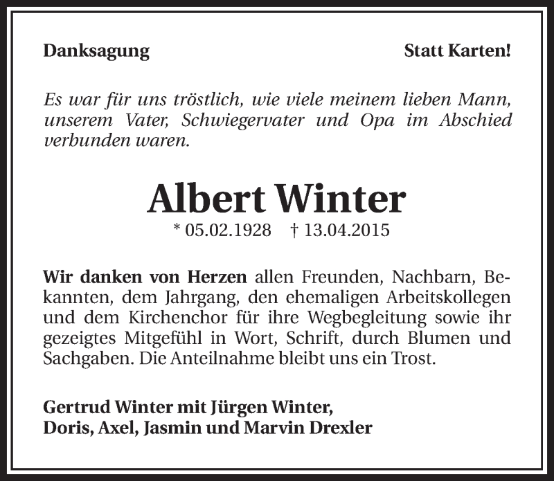  Traueranzeige für Albert Winter vom 24.04.2015 aus 