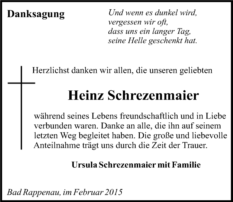  Traueranzeige für Heinz Schrezenmaier vom 28.02.2015 aus 