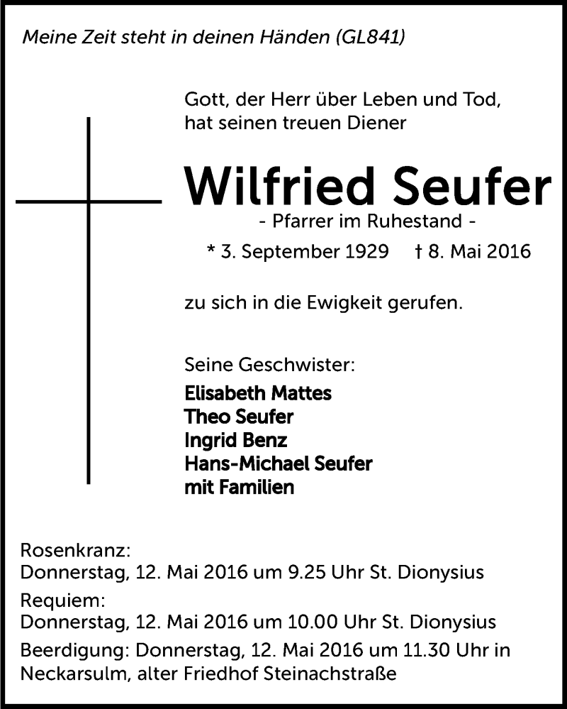 Traueranzeige für Wilfried Seufer vom 10.05.2016 aus 